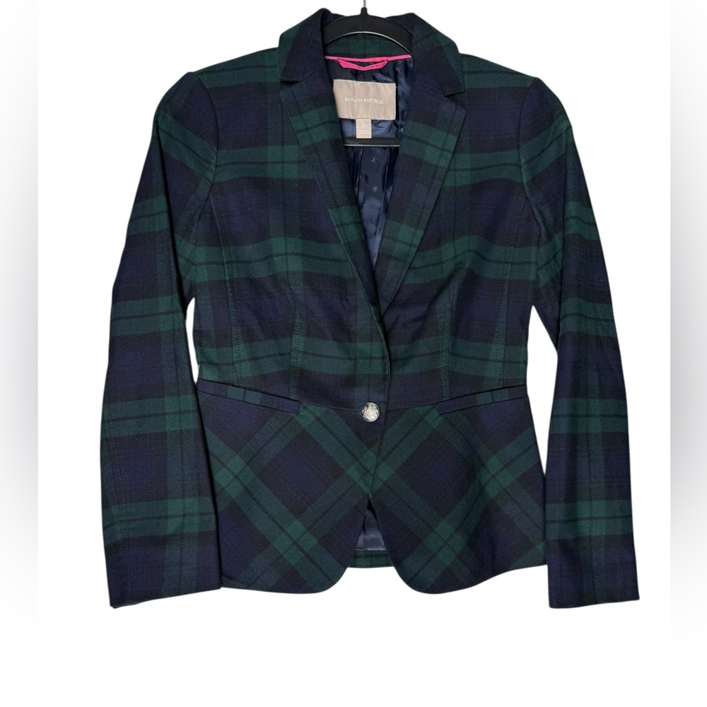 Banana Republic Women’s Size 0 Plaid Blazer Navy Green Tartan Cotton Stretch